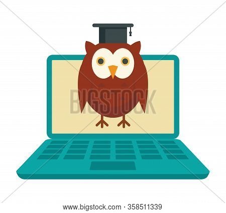Distance Learning. Vector Illustration With Laptop And Wise Owl, Symbol Of Distance Learning. Quaran