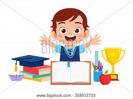 Happy Cute Little Kid Boy With School Equipment