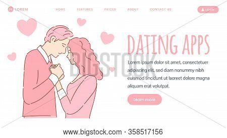 Dating Application Vector Web Banner Design. Couple In Love Cartoon Outline Illustration. Woman And 
