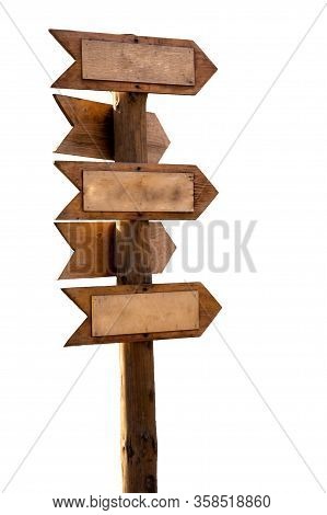 Wooden Pole With Direction Signs On A White Background