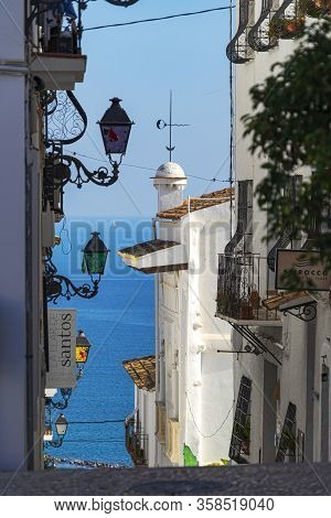 Altea, Spain - March 05, 2020: Beautiful View Of Authentic Altea Old Town Street. Altea, Province Of