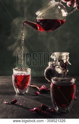 Process Brewing Red Karkade Tea, Rose Tea Ceremony, Cup Of Freshly Brewed Fruit Tea, Dark Moody.hot 