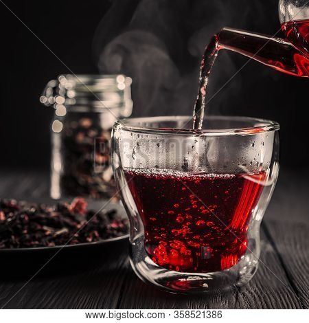 Process Brewing Red Karkade Tea, Rose Tea Ceremony, Cup Of Freshly Brewed Fruit Tea, Dark Moody.hot 