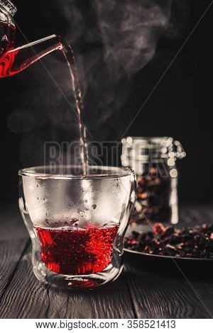Process Brewing Red Karkade Tea, Rose Tea Ceremony, Cup Of Freshly Brewed Fruit Tea, Dark Moody.hot 