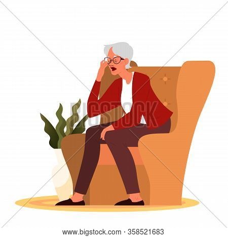Tired Old Woman With A Headache. Eldery Person With Painfull Head.