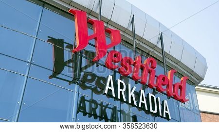Warsaw, Poland. 28 March 2020.  Sign Westfield Arkadia. Company Signboard Westfield Arkadia.
