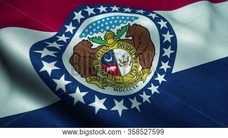 Missouri State Flag Waving In The Wind. National Flag Of Missouri. Sign Of Missouri State. 3d Illust