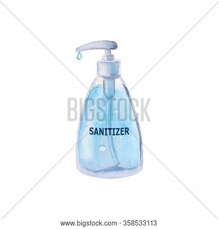 Watercolor Sanitizer Blue Gel For Hand Hygiene Isolated On White Background. Watercolour Hand Drawn 