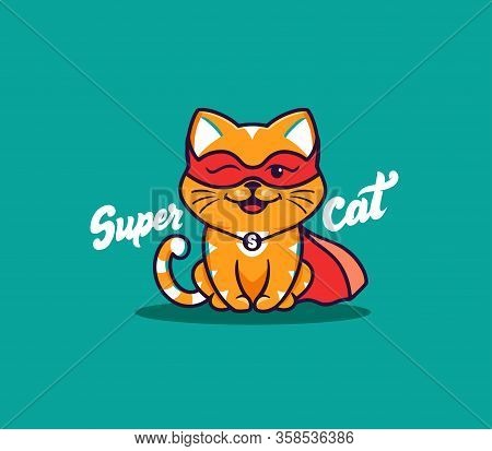 A Little Cat, Logo With Text Super Cat. Funny Kitty Cartoon Character