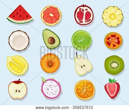 Half Fruits Circle Icons. Cute Cartoon Healthy Vegan Natural Products Plants Food Orange Lemon Apple