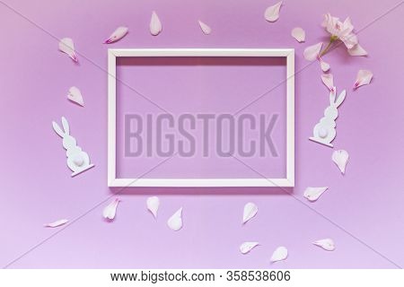 Flowers Composition With Blank Frame For Text On Lilac Background. Birthday Easter Mothers Day Women