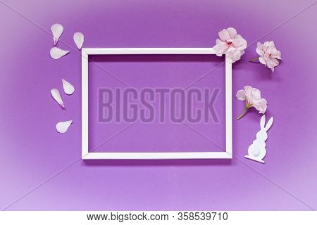 Flowers Composition With Blank Frame For Text On Pink Background. Birthday, Easter, Mothers Day, Wom