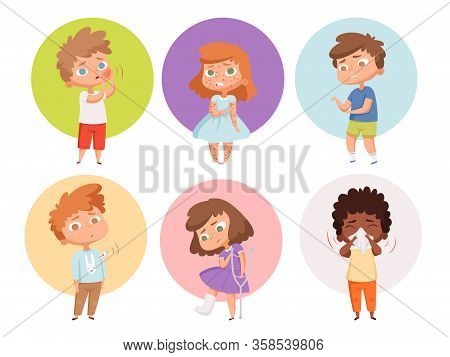 Sick Kids. Health Problems Children Flu Unhealthy People Sickness Vomiting Vector Characters. Unheal