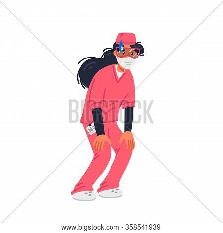 Stay Home. Tired Young Nurse In Pink Scrubs And Face Mask. Medical Team In Conditions Of Coronavirus