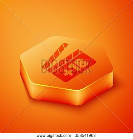 Isometric Movie Clapper With 18 Plus Content Icon Isolated On Orange Background. Age Restriction Sym