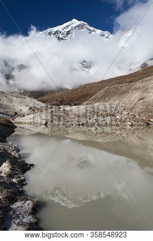 Peak Seven 7 Vii Mirroring In Lake, Beautiful Mount On The Way To Makalu Base Camp, Barun Valley, Ne