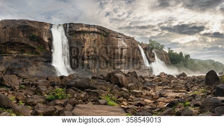 Panorama of the Athirappilly waterfalls in Kerala, India