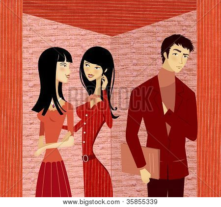 两个女人聊天 ；虽然一个男人站附近