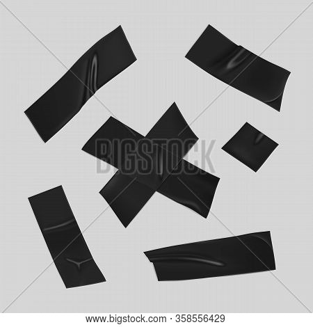 Black Duct Tape Set. Realistic Black Adhesive Tape Pieces For Fixing Isolated On Gray Background. Sc