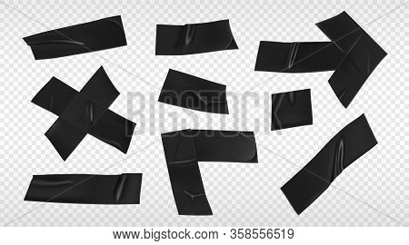 Black Duct Tape Set. Realistic Black Adhesive Tape Pieces For Fixing Isolated On Transparent Backgro