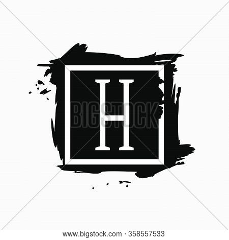 H Letter Logo In Square Frame At Ink Dry Brush Strokes With Rough Edges. Vector Serif Font Perfect F