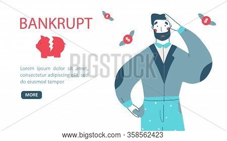 Bankrupt Businessman Character Flat Cartoon Vector Illustration Landing Page Template