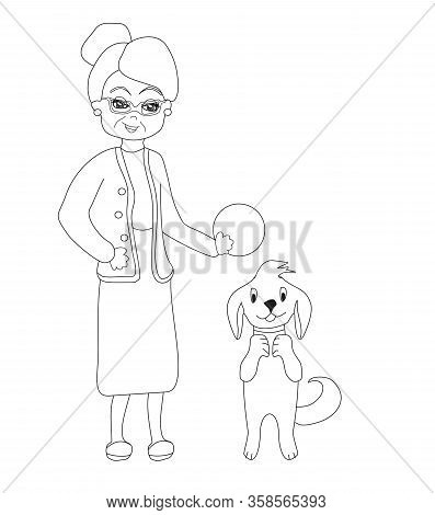 Cartoon Old Lady With Her Dog, Coloring Book , Doodle