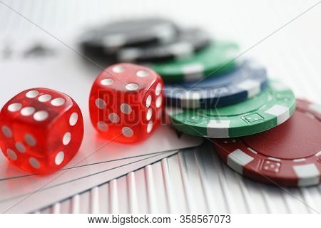 Close Up On Table Are Dice Chips Playing Cards. Possibility Relaxation, Emotional Relaxation In Casi