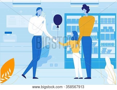 Seller Give Gift For Kid With Parent Visiting Cafe. Cartoon People Characters. Happy Family In Publi
