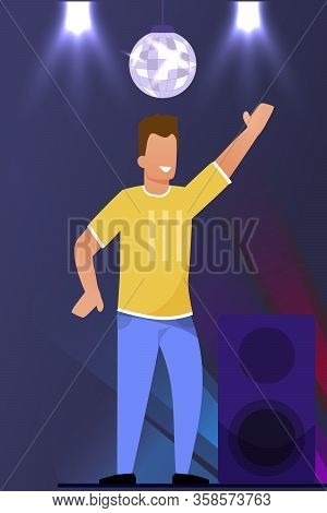 Smiling Happy Man Dancing On Dance Floor. Vector Clubbing Male Portrait. Disco Party At Night Club. 