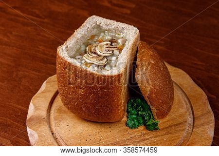 Mushroom Soup In A Bowl Of Bread