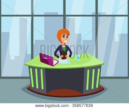 Cartoon Broadcasting Woman Character Tv Breaking News Presenter. Female Reporter Sitting At Desk Wit