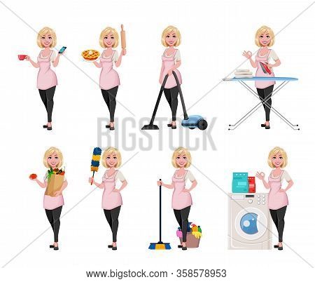 Housewife Concept, Young Pretty Stylish Woman, Set Of Eight Poses. Beautiful Lady Cartoon Character.