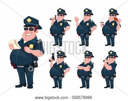 Police Officer, Set Of Seven Poses. Cheerful Cartoon Character Policeman. Vector Illustration On Whi