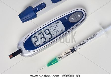 Diabetes, Glucometer With Glucose Measurement On Screen And Blood On Test Strip