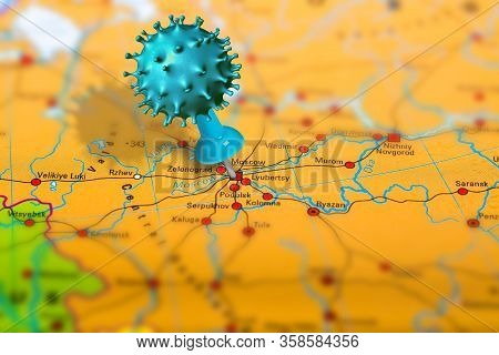 Covid-19 Outbreak Or New Coronavirus, 2019-ncov, Virus Pin In Moscow On Map Of Russia. Covid 19-ncp 