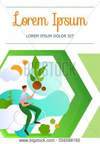 Young Man Sitting On Cloud And Pointing With Hand On Green Sprig Growing Up. Ecology, Plant Caring, 