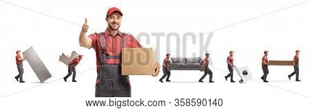 Worker holding a box and movers carrying home appliences and furniture isolated on white background
