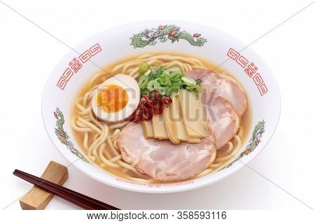 Japanese Miso Soup Ramen Noodles In A Bowl With Chopsticks On White Background