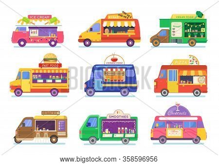 Street Food Truck Set Vector Illustration. Cartoon Flat Van Selling Chinese Streetfood Or Pizza Keba