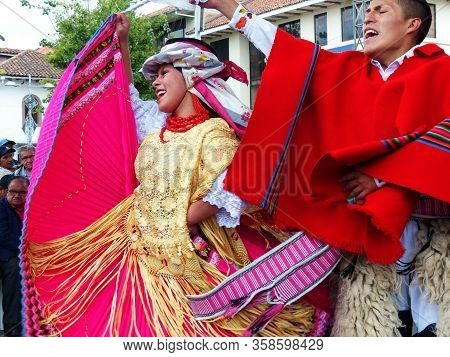 Pichincha Province, Ecuador - December 21, 2019: Unidentified Young Couple Of Indigenous Dancers Of 