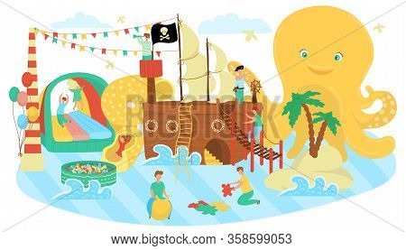 Kids Zone, Play Area For Children Cartoon Vector Illustration. Kids Zone Playground With Pirate Ship