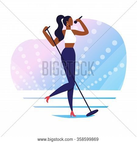 Popular Singer Performance Vector Illustration. Talented Young Woman Holding Microphone Cartoon Char