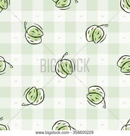 Hand Drawn Whimsical Strawberry Gingham Seamless Pattern. Vector Vintage Check Retro Fruit Backgroun