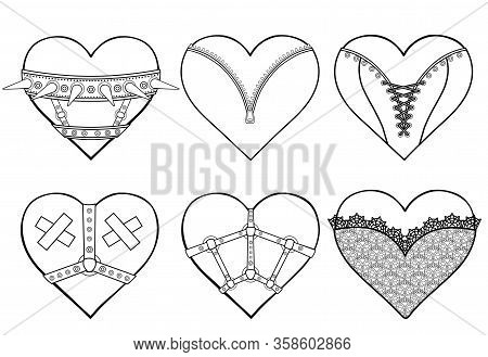 Set Of Animation Hearts In Erotic Clothes And Accessories. Latex, Lace, Collar, Corset. Template For