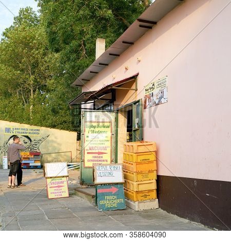 Rewal, Poland - September 01, 2019: Sale Of Fish At A Fish Smokehouse On The Beach Of Rewal On The P