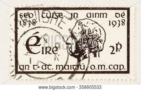 Seattle Washington - March 29, 2020: Close Up Of Postage Stamp From Ireland With Portrait Of Father 