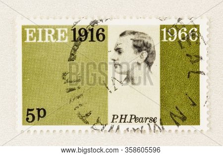 Seattle Washington - March 29, 2020: Close Up Of Postage Stamp From Ireland Featuring Portrait Of P 