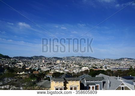 Aerial View Of Houses, Cars. Cityscape, Streets, And Mountians Of San Francisco In Potrero Hill Neig