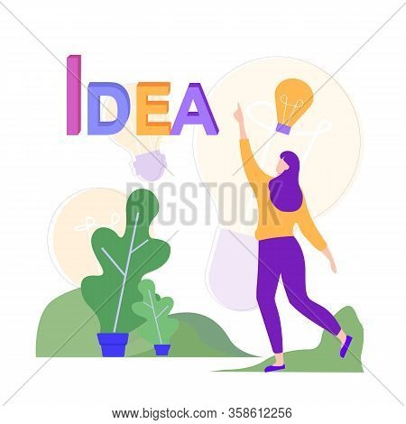 Woman In Park Has New Idea. Idea Generation. Creating Business Ideas. Turn Into Reality Thoughts. Us